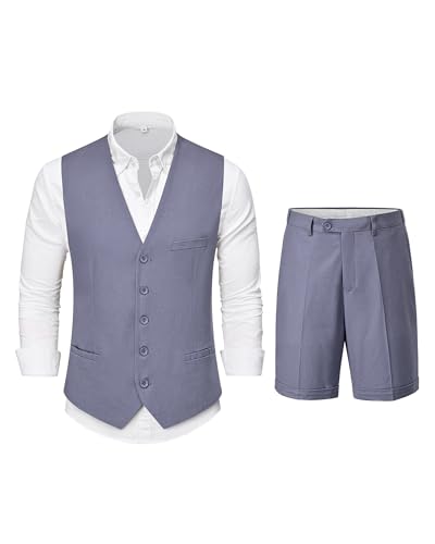 2 Piece Men's Regular Fit Linen Waistcoat Shorts, Lightweight Vest Pants, Casual Wedding Beach Summer Prom Homecoming Outfit, Denim Blue