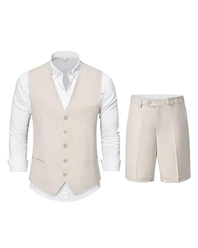 2 Piece Men's Regular Fit Linen Waistcoat Shorts, Lightweight Vest Pants, Casual Wedding Beach Summer Prom Homecoming Outfit, Light Beige