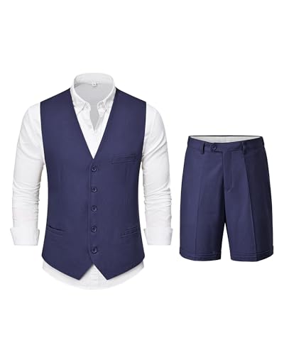 2 Piece Men's Regular Fit Linen Waistcoat Shorts, Lightweight Vest Pants, Casual Wedding Beach Summer Prom Homecoming Outfit, Dark Blue