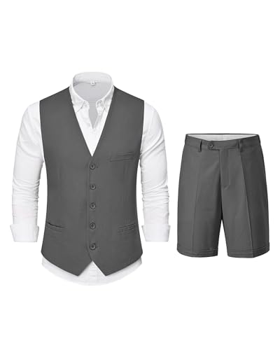 2 Piece Men's Regular Fit Linen Waistcoat Shorts, Lightweight Vest Pants, Casual Wedding Beach Summer Prom Homecoming Outfit Dark Gray, Dark Grey