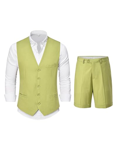 2 Piece Men's Regular Fit Linen Waistcoat Shorts, Lightweight Vest Pants, Casual Wedding Beach Summer Prom Homecoming Outfit, Green