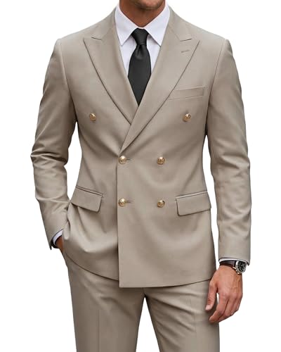 2 Piece Men's Suit, Slim Fit Double Breasted Jacket and Pants Set, Peak Lapel Blazer for Wedding Prom Party Homecoming, Beige