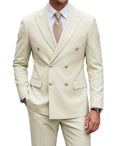 2 Piece Men's Suit, Slim Fit Double Breasted Jacket and Pants Set, Peak Lapel Blazer for Wedding Prom Party Homecoming, Cream