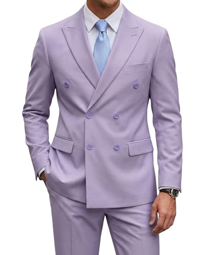 2 Piece Men's Suit, Slim Fit Double Breasted Jacket and Pants Set, Peak Lapel Blazer for Wedding Prom Party Homecoming, Lavender