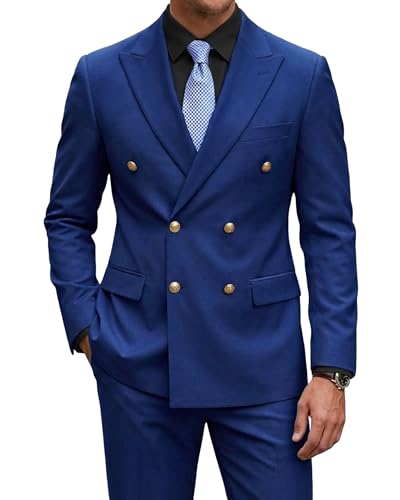 2 Piece Men's Suit, Slim Fit Double Breasted Jacket and Pants Set, Peak Lapel Blazer for Wedding Prom Party Homecoming, Sapphire