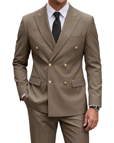 2 Piece Men's Suit, Slim Fit Double Breasted Jacket and Pants Set, Peak Lapel Blazer for Wedding Prom Party Homecoming, Camel Brown