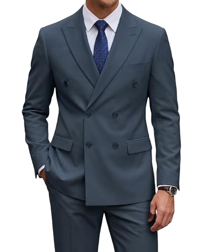 2 Piece Men's Suit, Slim Fit Double Breasted Jacket and Pants Set, Peak Lapel Blazer for Wedding Prom Party Homecoming, Carbon Blue