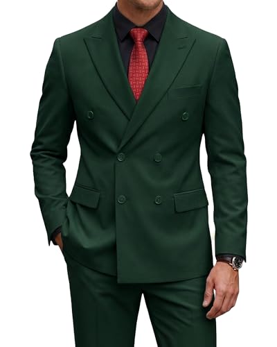 2 Piece Men's Suit, Slim Fit Double Breasted Jacket and Pants Set, Peak Lapel Blazer for Wedding Prom Party Homecoming, Dark Green