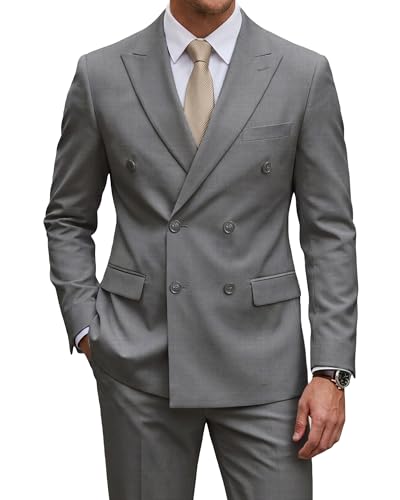 2 Piece Men's Suit, Slim Fit Double Breasted Jacket and Pants Set, Peak Lapel Blazer for Wedding Prom Party Homecoming Light Gray, Light Grey