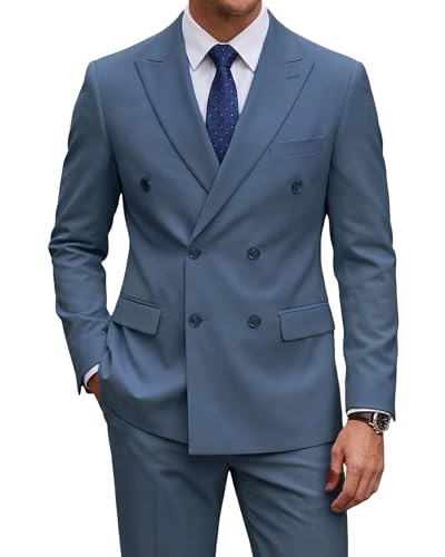 2 Piece Men's Suit, Slim Fit Double Breasted Jacket and Pants Set, Peak Lapel Blazer for Wedding Prom Party Homecoming, Smoky Blue