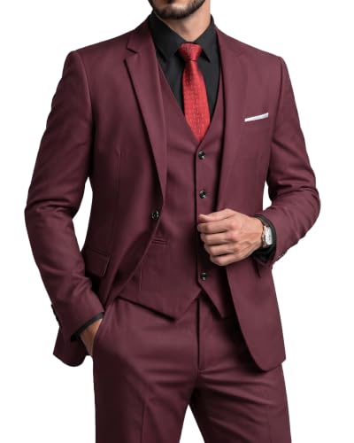 Men's 3 Piece Suit Set, Slim Fit COLOR Jacket Vest and Pants with Tie, Burgundy