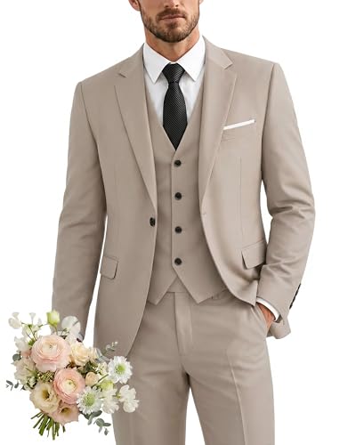 Men's 3 Piece Suit with Tie, One Button Solid Jacket Vest and Pants, Beige