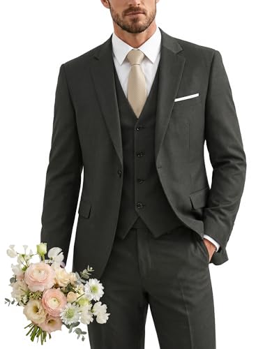 Men's 3 Piece Suit with Tie, One Button Solid Jacket Vest and Pants, Deep Grey