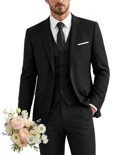 Men's 3 Piece Suit with Tie, One Button Solid Jacket Vest and Pants, Black