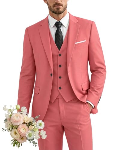 Men's 3 Piece Suit with Tie, One Button Solid Jacket Vest and Pants, Pink