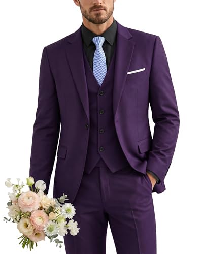 Men's 3 Piece Suit with Tie, One Button Solid Jacket Vest and Pants, Deep Purple