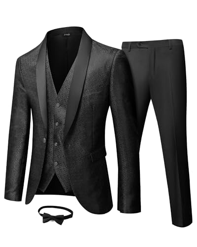 Men's 3 Piece Slim Fit Tuxedo Suit Set, One Button Shawl Collar Floral Business Blazer Jacket Vest Pants with Bow Tie, Black