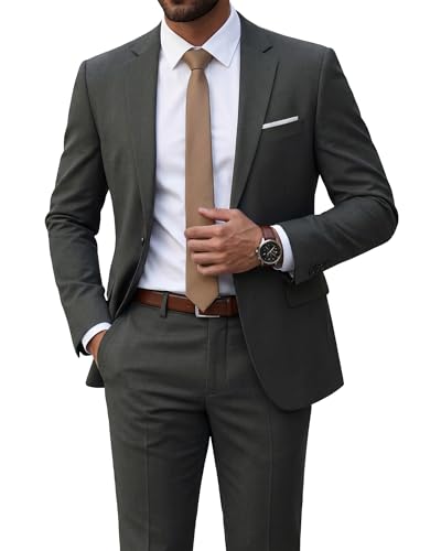 Men's 2 Piece Suit with Tie, One Button Slim Fit Solid Jacket and Pants Set, Deep Grey