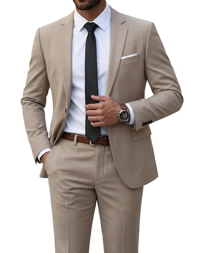 Men's 2 Piece Suit with Tie, One Button Slim Fit Solid Jacket and Pants Set, Beige