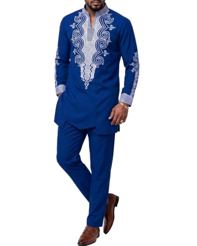 Men's 2 Piece Dashiki Set Long Sleeve African Outfit and Pants, Traditional Afro Suit with Classic Gold Print, Blue With White
