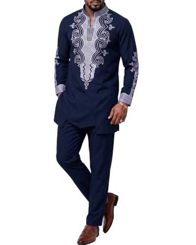 Men's 2 Piece Dashiki Set Long Sleeve African Outfit and Pants, Traditional Afro Suit with Classic Gold Print, Navy With Silver