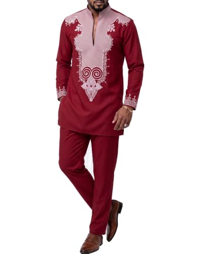 Men's 2 Piece Set African Long Sleeve Dashiki Shirt and Pants, Traditional Pattern Outfit with Classic Gold Print, Red With Silver