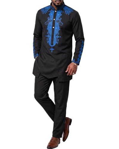 Men's 2 Piece Dashiki Set Long Sleeve African Shirt and Pants, Traditional Afro Outfit with Classic Gold Print, Black With Blue