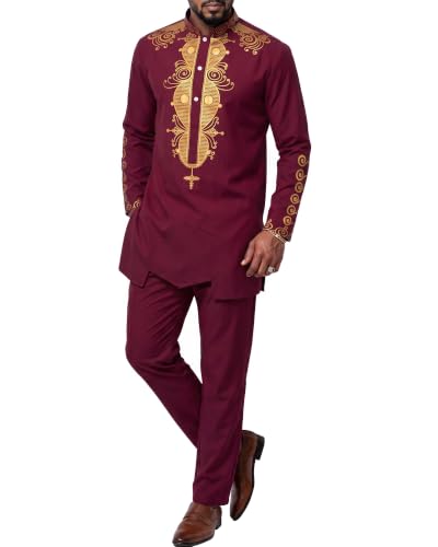Men's 2 Piece Dashiki Set Long Sleeve African Shirt and Pants, Traditional Afro Outfit with Classic Gold Print, Burgundy With Gold