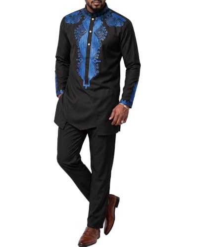 Men's 2 Piece Set African Long Sleeve Dashiki Shirt and Pants, Traditional Afro Outfit with Retro Gold Print, Black With Blue