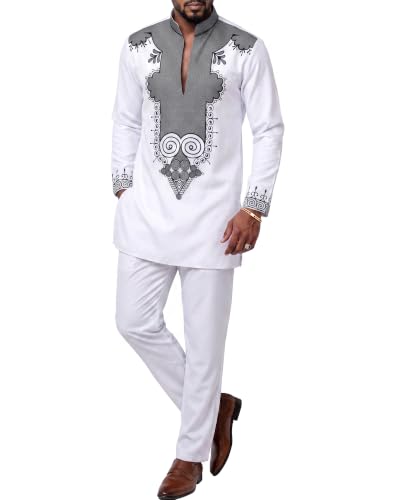 Men's 2 Piece Set African Long Sleeve Dashiki Shirt and Pants, Traditional Pattern Outfit with Classic Gold Print, White With Black