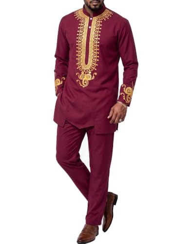 Men's 2 Piece Dashiki Set African Long Sleeve Shirt and Pants, Retro Afro Outfit with Tribal Gold Print, Burgundy With Gold