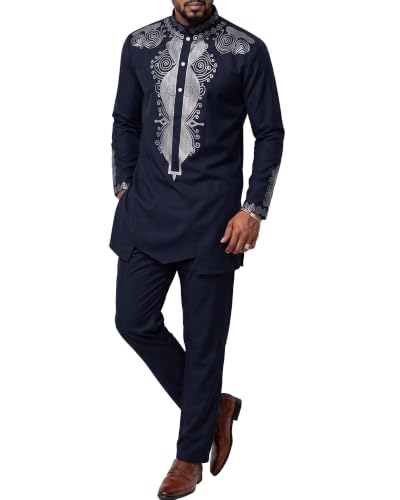 Men's 2 Piece Set African Long Sleeve Dashiki Shirt and Pants, Traditional Afro Outfit with Retro Gold Print, Navy With Silver
