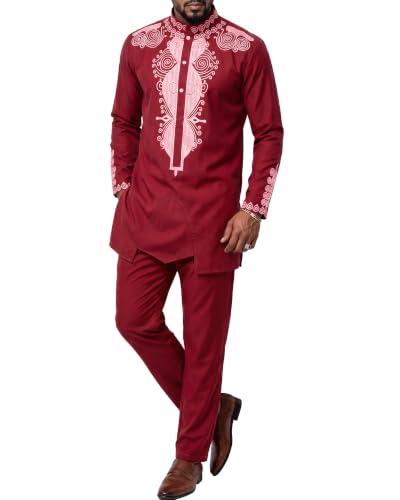 Men's 2 Piece Set African Long Sleeve Dashiki Shirt and Pants, Traditional Afro Outfit with Retro Gold Print, Red With Silver