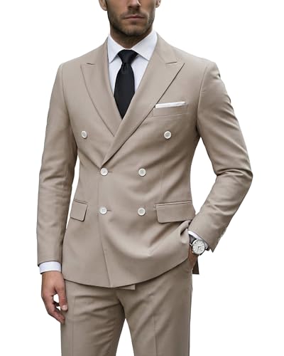 Men's 2 Piece Suit, Double Breasted Slim Fit Jacket Pants Set and Tie, Beige