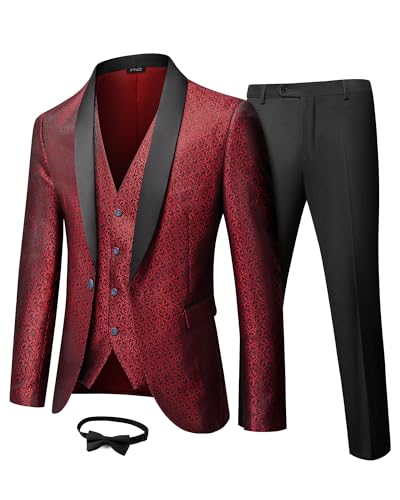 Men's 3 Piece Slim Fit Tuxedo Suit Set, One Button Shawl Collar Floral Business Blazer Jacket Vest Pants with Bow Tie, Red