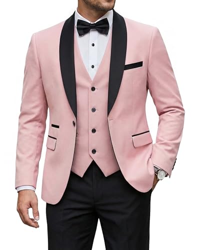 Men's 3 Piece Tuxedo Set with Tie, Shawl Lapel Suit Blazer Vest Pants, Light Pink