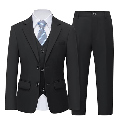 Boys 5 Piece Slim Fit Suit Set, Solid Formal Dresswear of Jacket Vest Pants Shirt and Tie, Black
