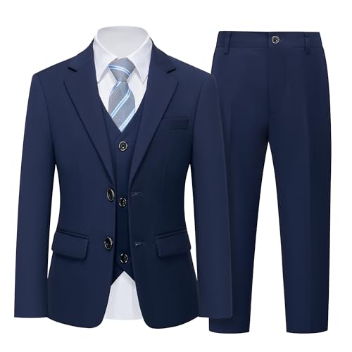 Boys 5 Piece Slim Fit Suit Set, Solid Formal Dresswear of Jacket Vest Pants Shirt and Tie, Deep Blue