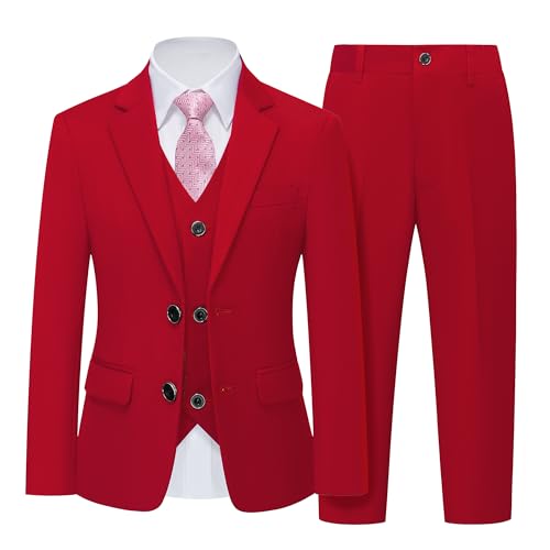 Boys 5 Piece Slim Fit Suit Set, Solid Formal Dresswear of Jacket Vest Pants Shirt and Tie, Red