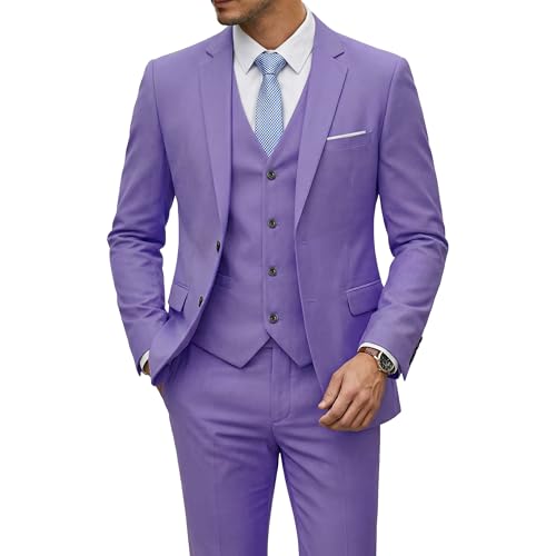 Men's 3 Piece Suit Set with Tie, 2 Button Slim Fit Solid Blazer Jacket Vest Pants, Purple