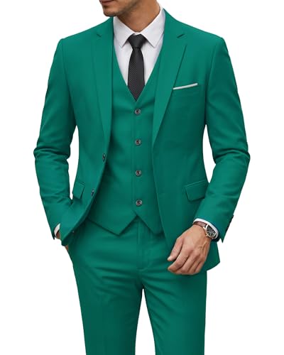 Men's 3 Piece Suit Set with Tie, 2 Button Slim Fit Solid Blazer Jacket Vest Pants, Green