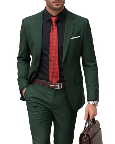 Men's 2 Piece Suit with Tie, Slim Fit Solid COLOR Jacket and Pants Set, Deep Green