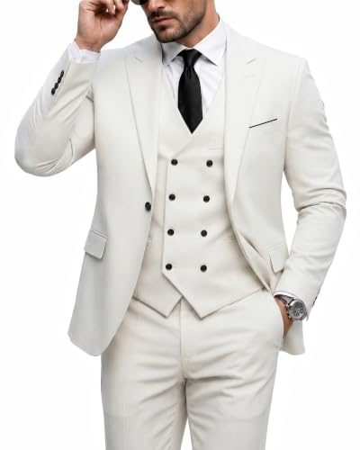 Men's 3 Piece Slim Fit Suit Set, One Button Peak Lapel Solid Business Blazer Jacket, White