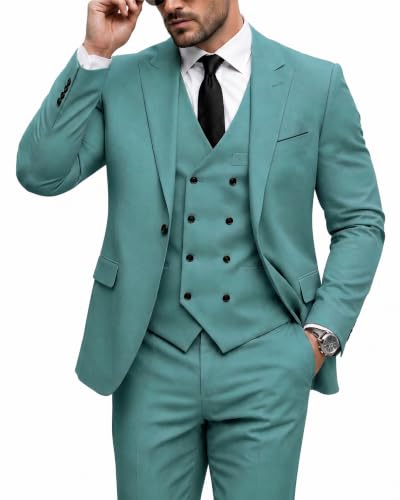 Men's 3 Piece Slim Fit Suit Set, One Button Peak Lapel Solid Business Blazer Jacket, Pea Green
