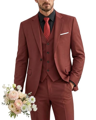Men's 3 Piece Suit with Tie, One Button Solid Jacket Vest and Pants, Brick Red