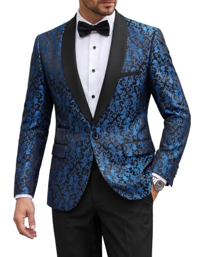 Men's 2 Piece Slim Fit Suit Set, One Button Shawl Lapel Floral Pattern Party Blazer, Deep Blue