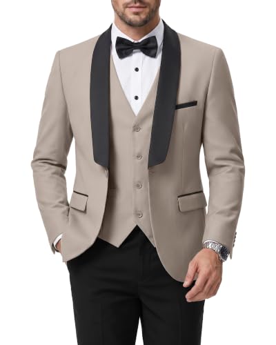 Men's 3 Piece Slim Fit Tuxedo Suit Set, One Button Shawl Lapel Solid Blazer, Beige