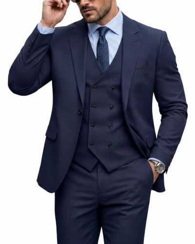 Men's 3 Piece Slim Fit Suit Set, One Button Peak Lapel Solid Business Blazer Jacket, Deep Blue
