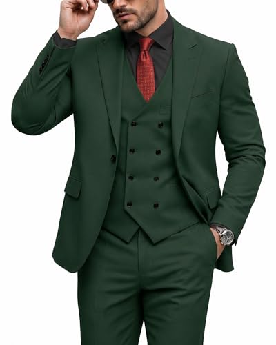 Men's 3 Piece Slim Fit Suit Set, One Button Peak Lapel Solid Business Blazer Jacket, Deep Green