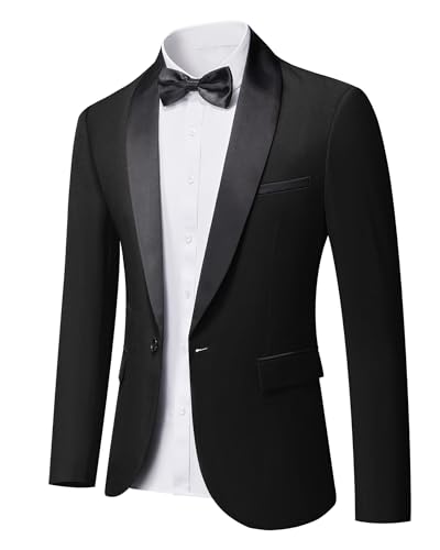 Men's Shawl Lapel One Button Blazer, Casual Lightweight Tux Slim Fit Jacket, Black
